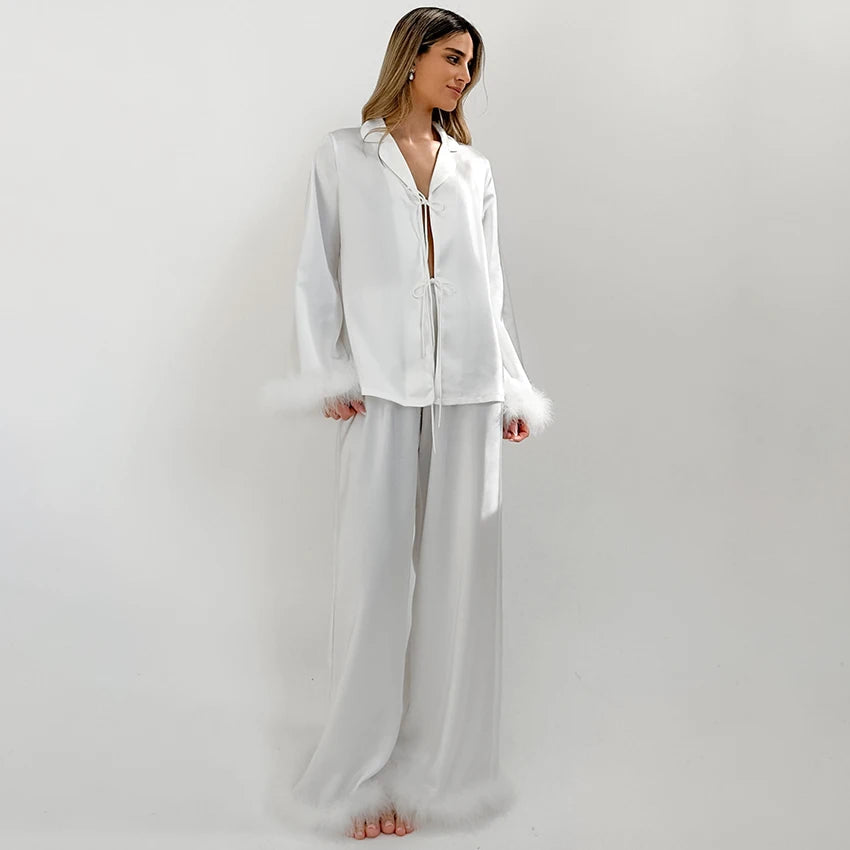 HiLoc Elegant Silk White Pajamas Sets Women Feather Cuffs Blouses With Wide Legs Pants Sleepwear Female 2025 Spring Autumn Suits RT220