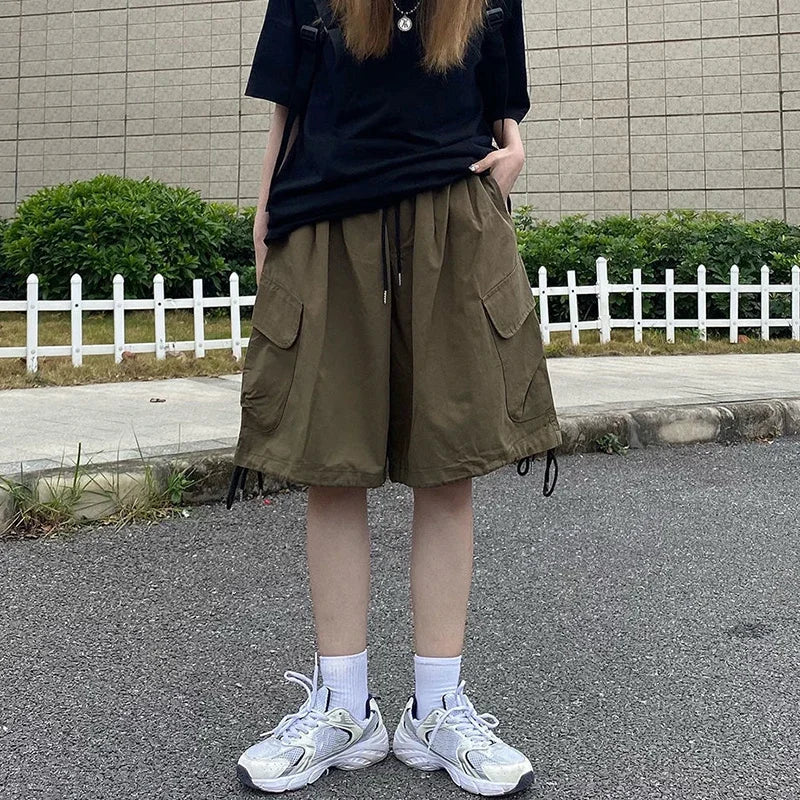 Rimocy Summer Knee Length Cargo Shorts Women 2025 Bf Harajuku Wide Leg Shorts Woman Streetwear Pockets Baggy Short Pants Female RT220