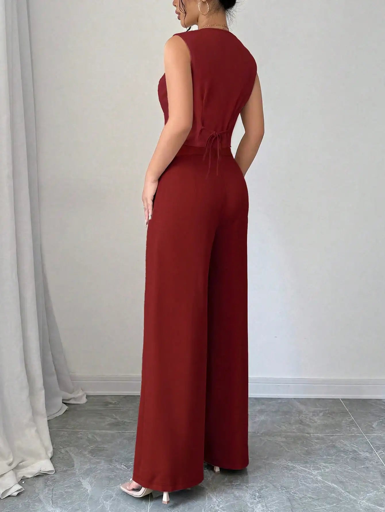 Women's 2Pcs Red Date Night Front Buckle V-Shaped Hem Solid Button Front Vest Jacket & Seam Front Pants Two Piece Set RT220