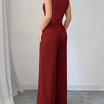 Women's 2Pcs Red Date Night Front Buckle V-Shaped Hem Solid Button Front Vest Jacket & Seam Front Pants Two Piece Set RT220