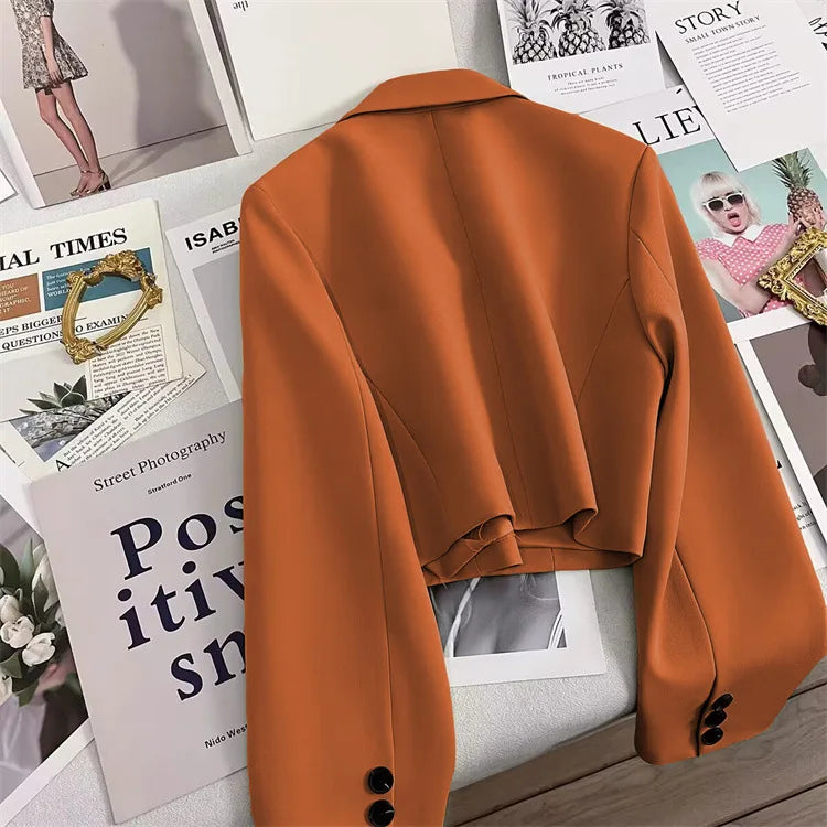 Korean Cropped Blazers Women Autumn Solid Color Simple Single-button Outwear Teens All-match Long Sleeve Office Lady Suit Jacket RT220