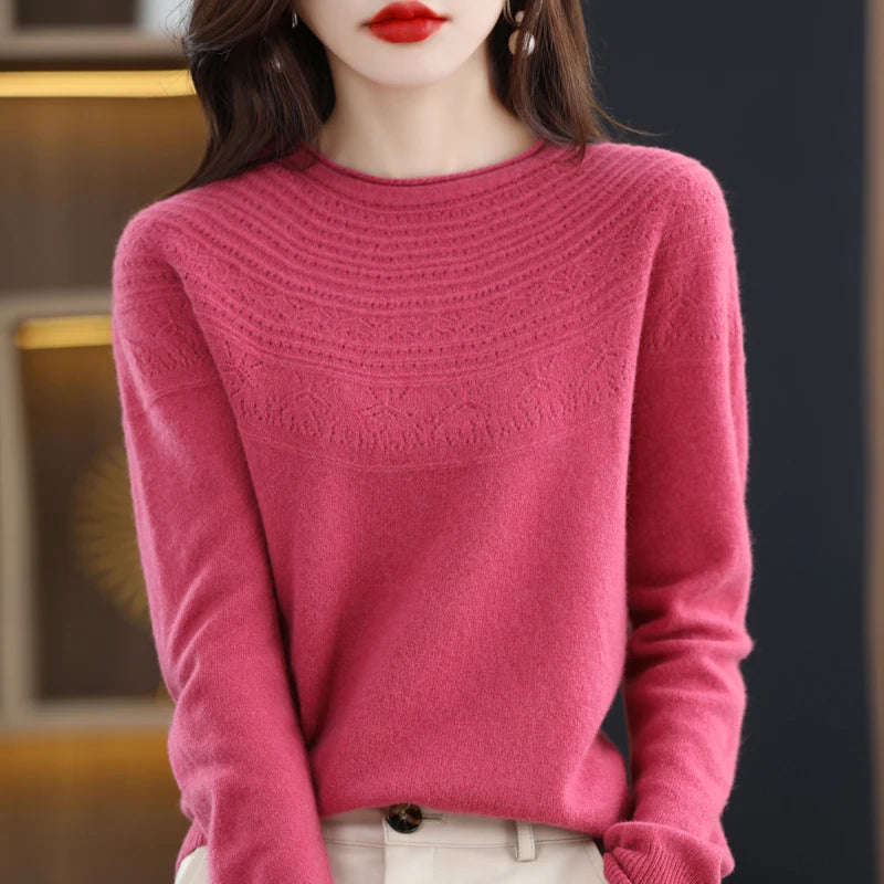 100% Merino Wool Knitted Sweater Autumn/Winter 2024 New Women's Round Neck Hollow Top 11 Color Pullover Versatile Coat NJR1107 RT220