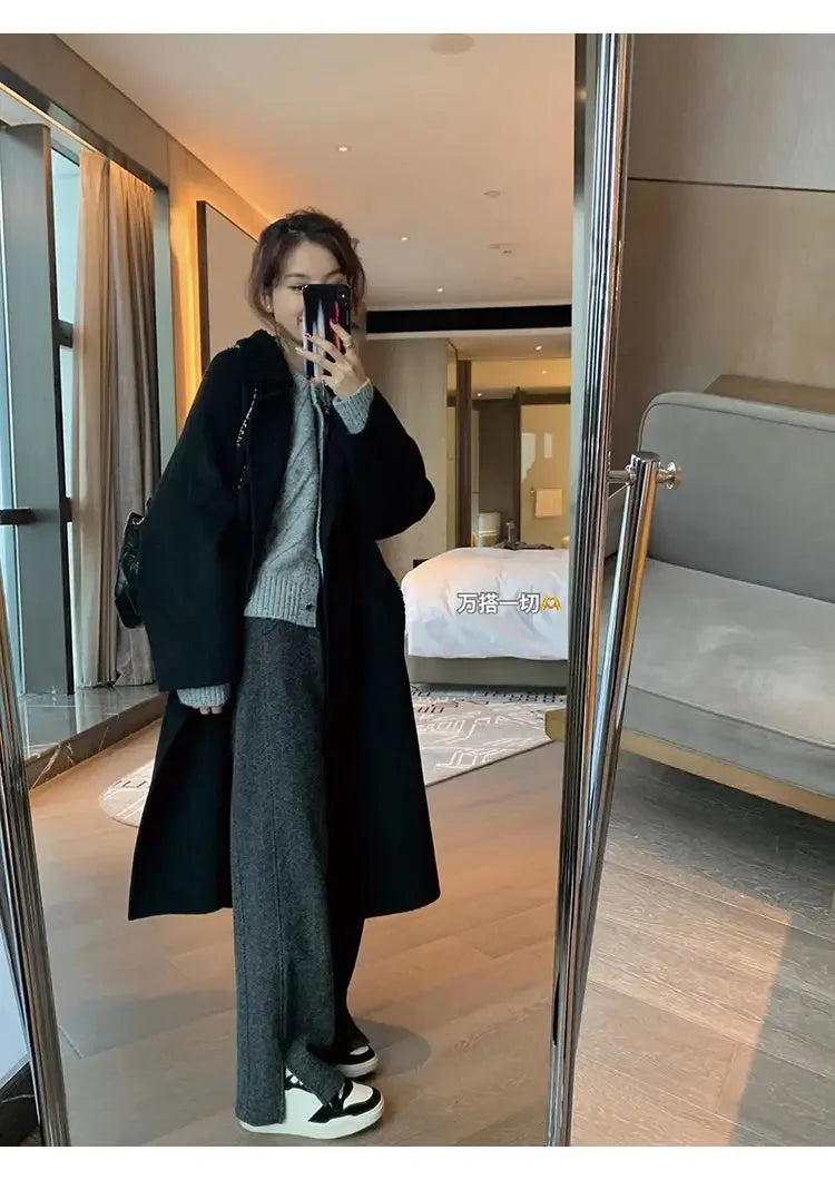 Women Pants Autumn Winter Thickening High Waisted Wool Wide Leg Pants Women Fashion Chevron Lengthening Leg Opening Floor Length RT220