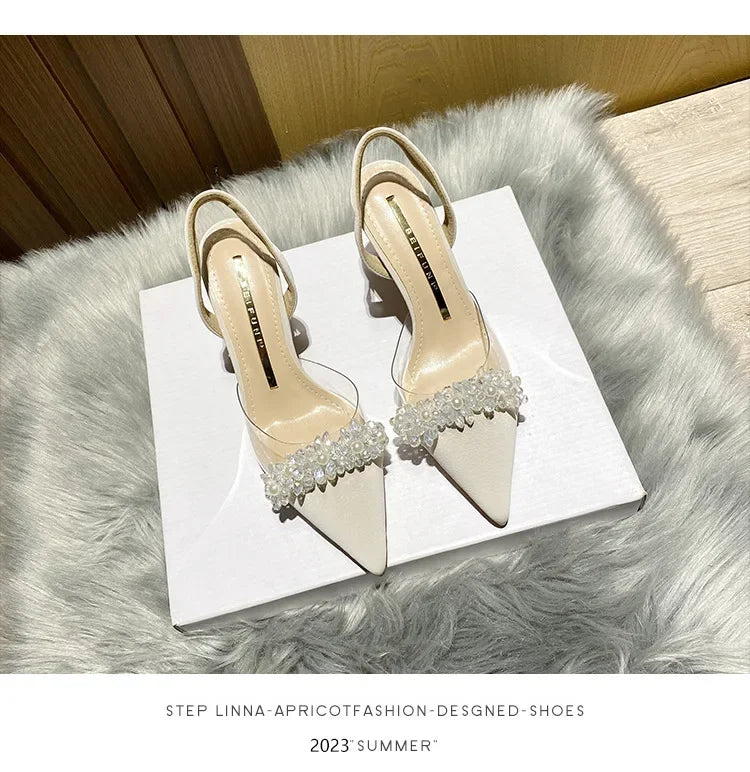 Summer Women Baotou Sandals 2024 New French Transparent Pointed Toe Crystal Stiletto Heel Sandals Pumps Zapatillas Mujer RT220