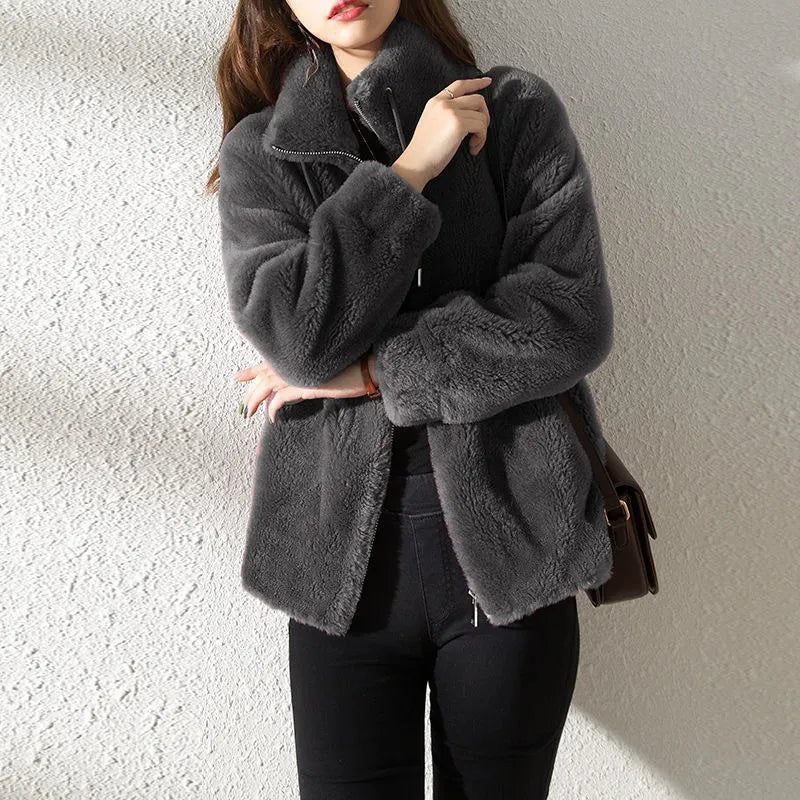 Women Autumn Winter Faux Fur Coats Zipper Cardigan Plush Thick Warm Coat Loose Oversized Outerwear Female Coral Fleece Overcoat RT220