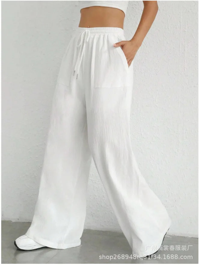 Plus size women's fashionable solid color casual wide leg pants loose and personalized clothing casual printing RT220
