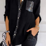 Casual Loose Sequins Patchwork Shirt Blouse Women Fashion Button Long Sleeve Shirts For Women Spring Autumn Pocket Tops Femme RT220