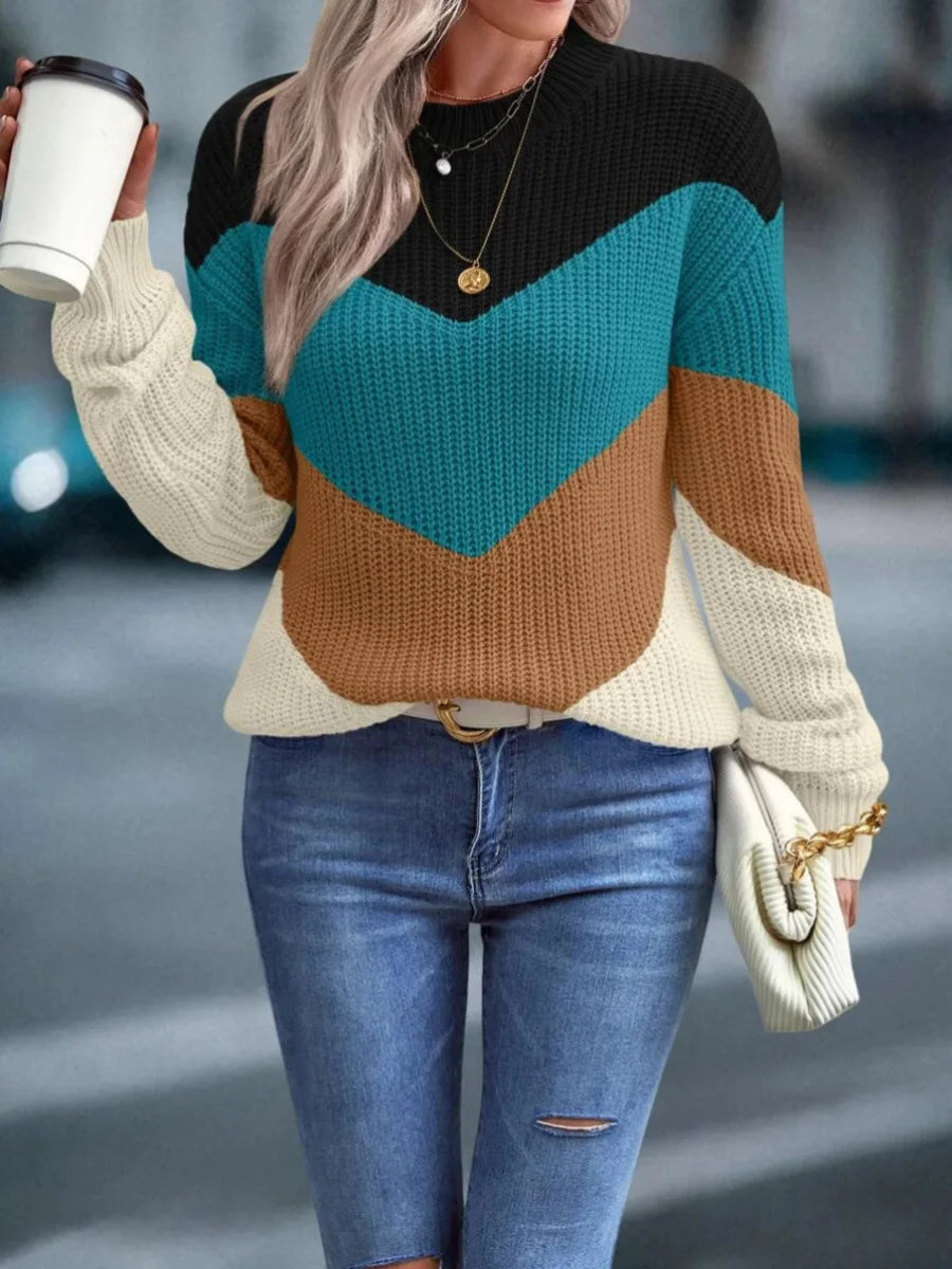 Knit Sweaters Women Jumpers Striped Print Round Neck Streetwear Pullover Top Casual Long Sleeve Warm Sweater Autumn Winter RT220