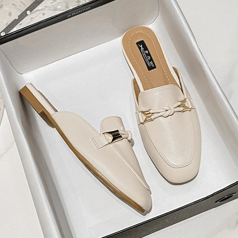 New Summer Fashion Metal Buckle Woman Shoes Half-drag Muller Shoes Women Wear Flat Slippers And Leather Toe-covered Sandals RT220