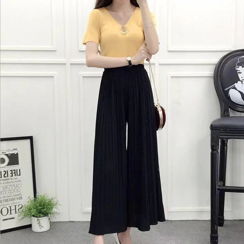 Wide leg pants pleated chiffon high waisted loose skirt pants with large hem and drape feeling, large size random linen spring/s RT220