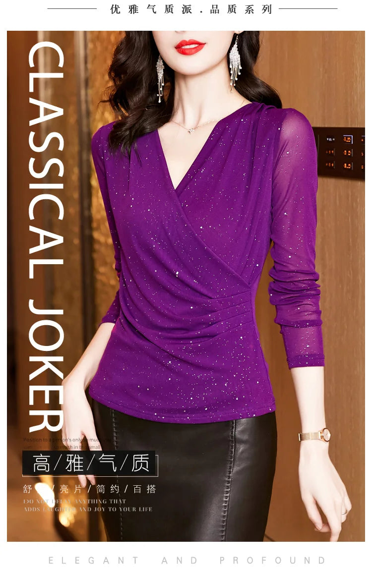 New Spring Women's T-Shirt Cross V-Neck Solid Color Bright Powder Slim Long-Sleeved Mesh Tops Elastic Bottoming Shirt RT220