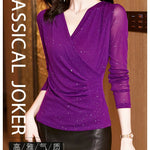 New Spring Women's T-Shirt Cross V-Neck Solid Color Bright Powder Slim Long-Sleeved Mesh Tops Elastic Bottoming Shirt RT220