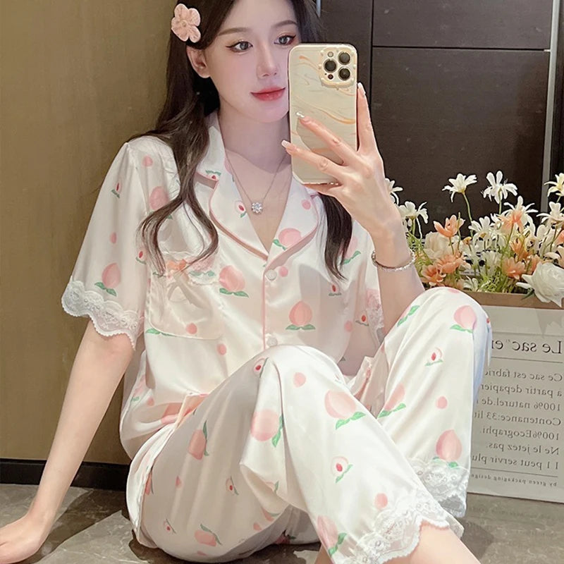 Honey Peach Print Lace Korean Ins Style Pajamas Women Y2k Three-piece Set Classy Sweet Cute Lady Lounge 2024 New Spring Homewear RT220