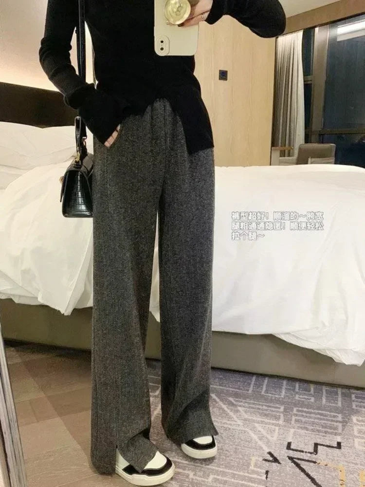 Women Pants Autumn Winter Thickening High Waisted Wool Wide Leg Pants Women Fashion Chevron Lengthening Leg Opening Floor Length RT220