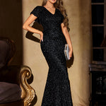 Unithorse V-Neck Floral Sleeve Mermaid Hem Glitter Sequin Black Formal Evening Dress RT220