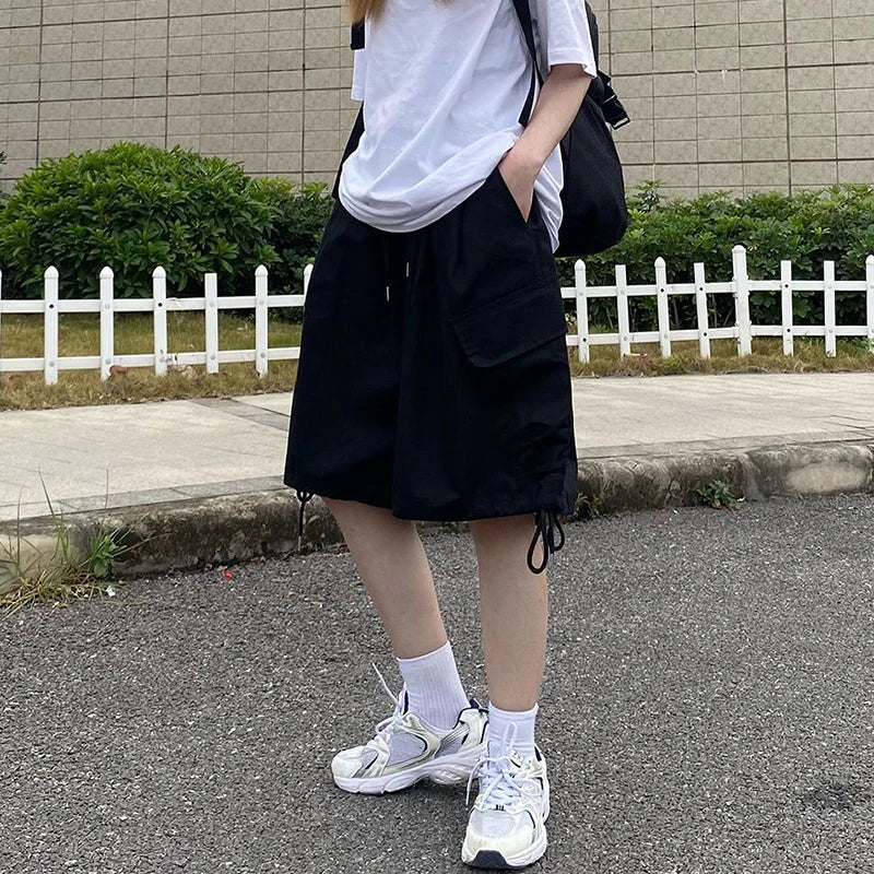 Rimocy Summer Knee Length Cargo Shorts Women 2025 Bf Harajuku Wide Leg Shorts Woman Streetwear Pockets Baggy Short Pants Female RT220