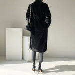 Coats Women Faux Fur Stand Collar Mid Length Long Coat Thick Maxi Warm Thick Open Stitch Elegant Autumn Winter Black Jackets RT220