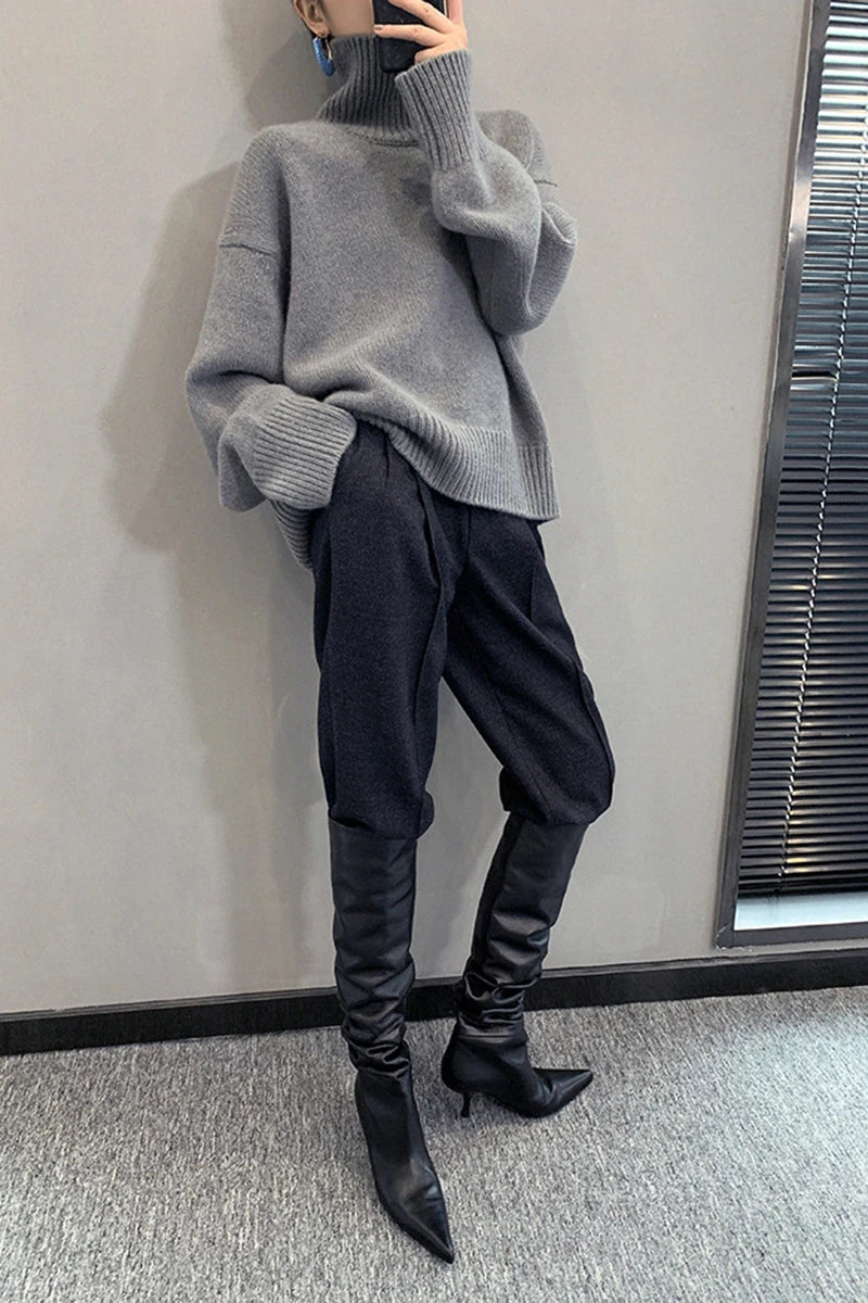 Jmprs Lazy Wind Grey Turtleneck Sweaters Women Vintage Loose Knitted Pullovers Streetwear Retro Harajuku Long Sleeve Simple Tops RT220