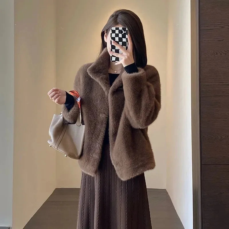 2024 Women Solid Color Stand Collar Mink Fur Top Female Long Sleeves Fox Fur Jacket Spring Autumn Lady Short Leather Fur Outwear RT220