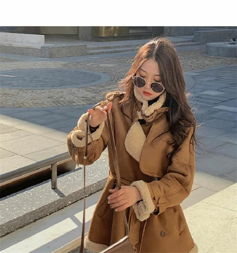 2024 Autumn Winter New Medium Long Double-breasted Lambswool Suede Woolen Coat Women Add Velvet Padded Warm Fur One Woolen Coats RT220
