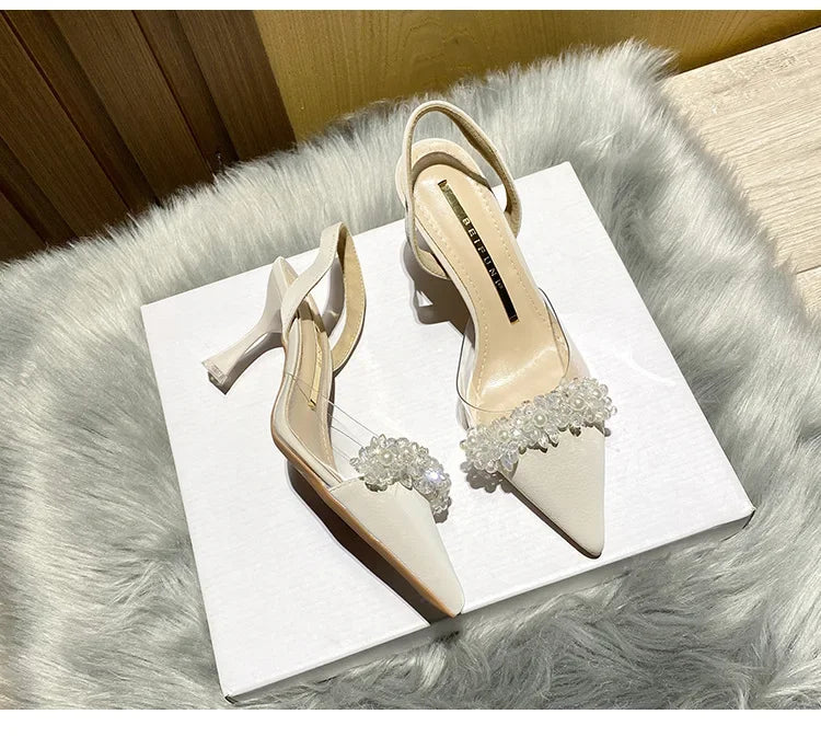Summer Women Baotou Sandals 2024 New French Transparent Pointed Toe Crystal Stiletto Heel Sandals Pumps Zapatillas Mujer RT220