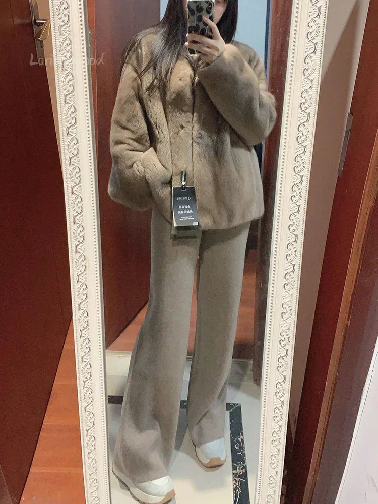 Autumn and Winter New High-waisted Loose Wool Knitted Wide-leg Trousers for Women To Wear Straight Leg Wide-leg Moped Trousers RT220