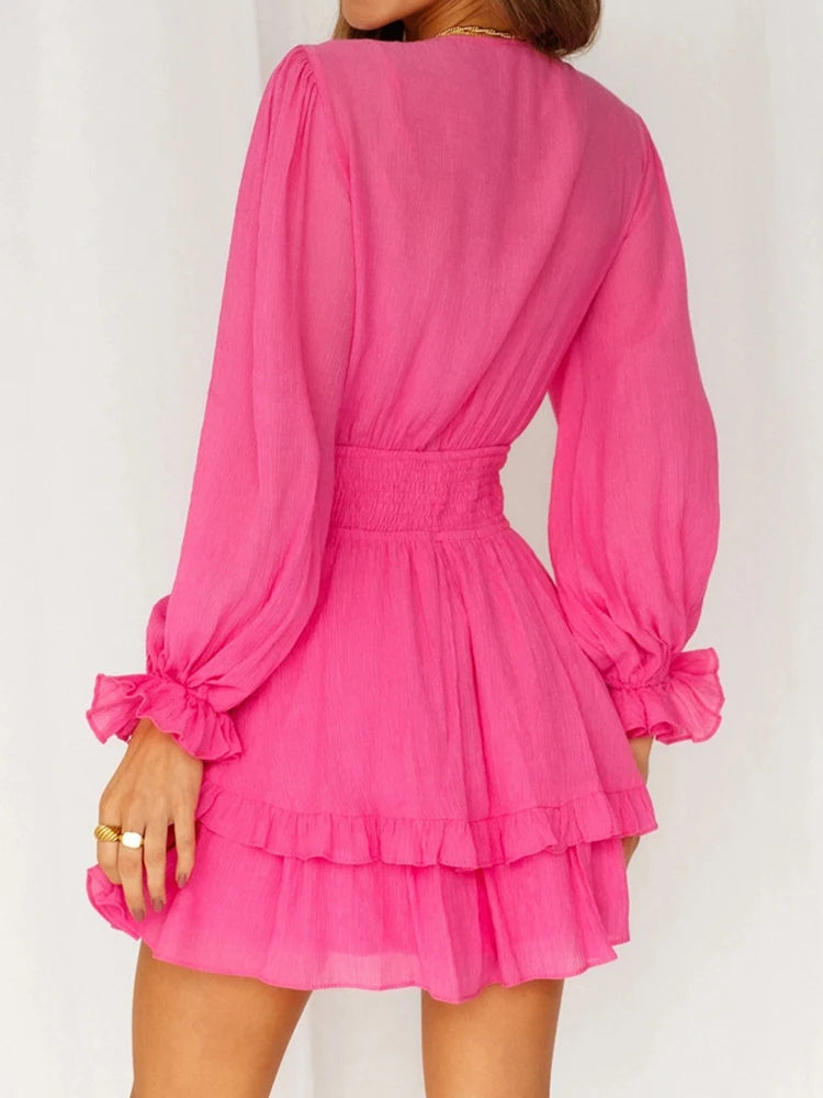 Sexy Cascading Ruffles Women Long Sleeve Mini Dress Deep V-Neck Lace-Up Casual Ladies Party Dress Sweet Streetwear Dropshipping RT220