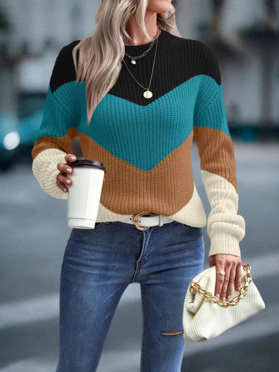 Knit Sweaters Women Jumpers Striped Print Round Neck Streetwear Pullover Top Casual Long Sleeve Warm Sweater Autumn Winter RT220
