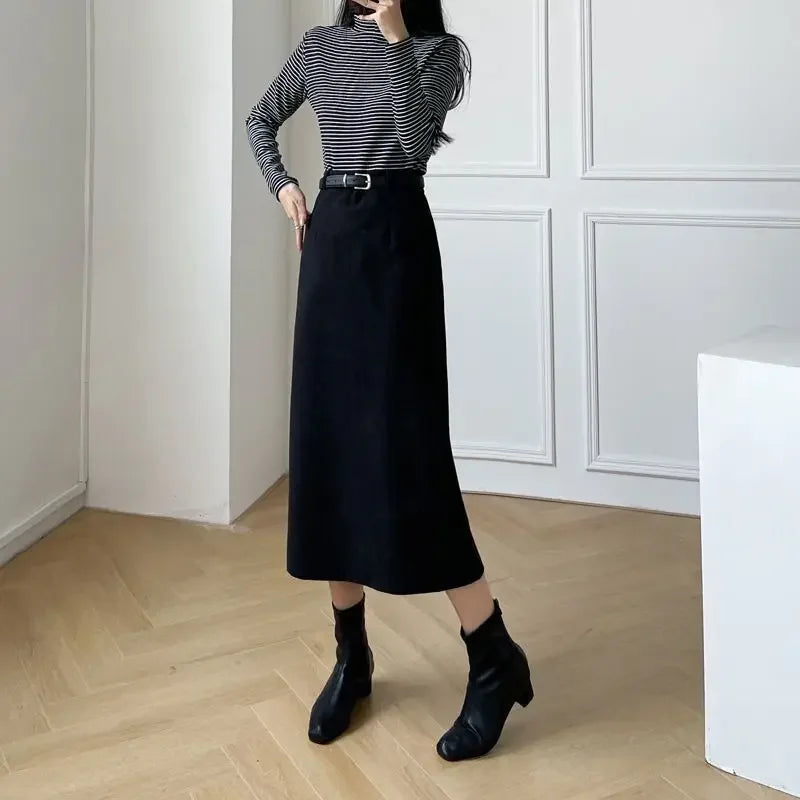 New Arrival Women's Corduroy Skirt Medium-Length A- Line High-Waisted Slimming Straight Skirt With Side Slit For Autumn/Winter RT220