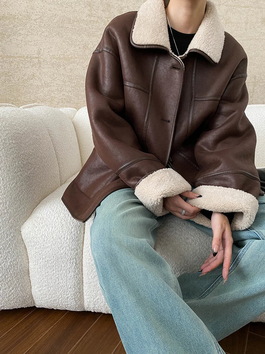 [LANMREM] Faux Fur Thick Warm Coats Lapel Single Breasted Office Lady Elegant Female Outwear Fashion 2025 Winter New 26C1095 RT220