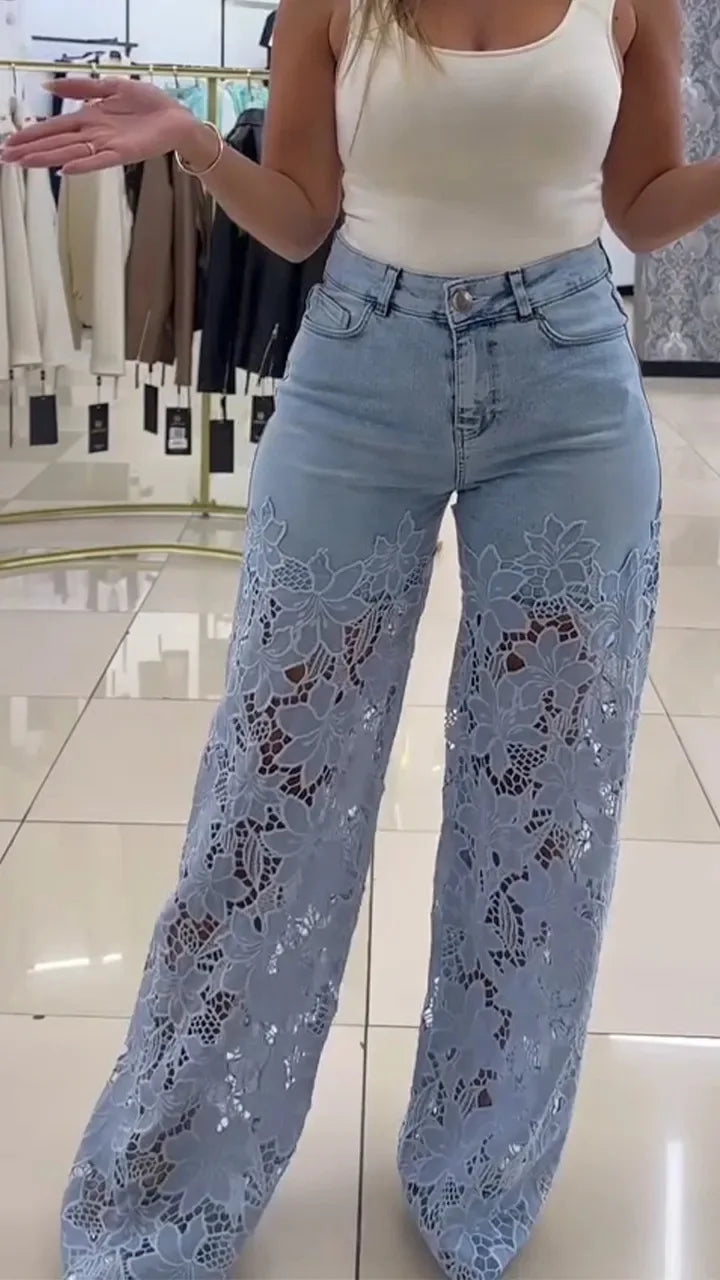Women's Spring Summer Fashion Hollow Out Lace Splicing Denim Drape Pants Full Length Trousers RT220
