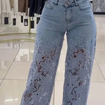 Women's Spring Summer Fashion Hollow Out Lace Splicing Denim Drape Pants Full Length Trousers RT220