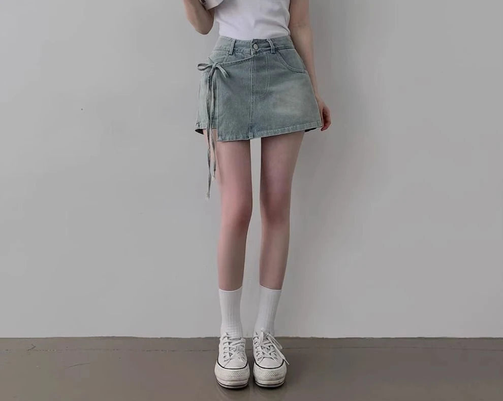 DFCF 2025 Spring Summe Jeans Streetwear Vintage Irregular Laced Up short Jeans Women Y2k Korean Fashion High Waist Straight Pant RT220