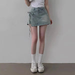 DFCF 2025 Spring Summe Jeans Streetwear Vintage Irregular Laced Up short Jeans Women Y2k Korean Fashion High Waist Straight Pant RT220