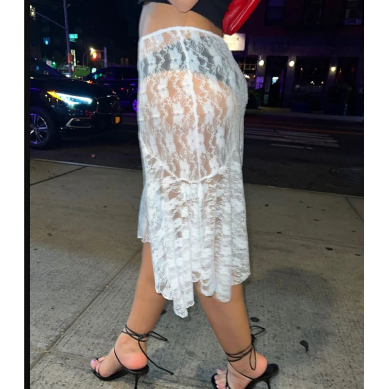 Xingqing 2024 Lace Skirt Women White See Through Floral Lace Low Waist Midi Skirts y2k Aesthetic Fairycore Beach Skirt Clubwear RT220