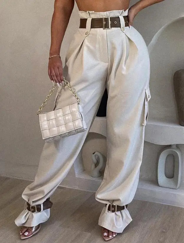 2023 New Fashion Women's Pants Elegant Paperbag Waist Belted Pocket Design Cargo Pants Female Trouser Casual Bottom RT220