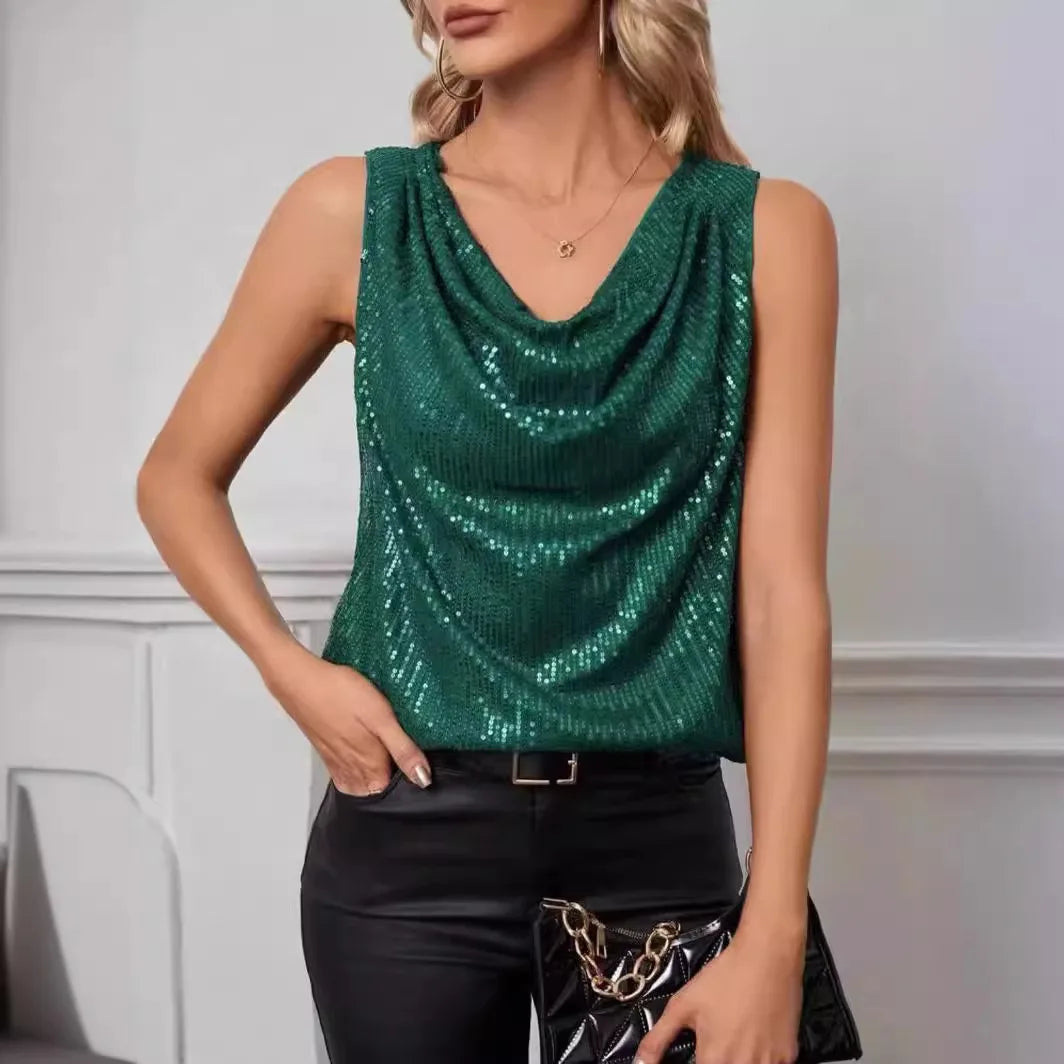 Women Top Shiny Glitter Sequin Sleeveless T-shirt Vest Tank Tops Fashion Sexy Camis New Cocktail Party Clubwear Evening T-shirts RT220
