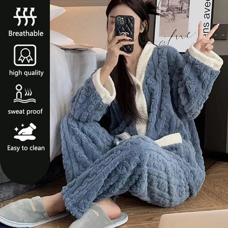2pcs/Set Autumn And Winter Pajamas Women Thickened Padded Warm Students Coral Girls Clot Velvet Suit Homewear Cardigan Trousers RT220