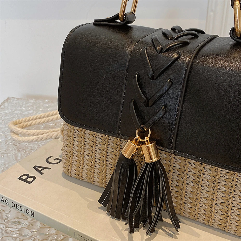 MOODS Straw Beach Bag For Women 2023 Summer New Luxury Designer Handbags Hit Color Tassels Shoulder Crossbody Box Bag Sac A Main RT220