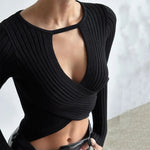 Xeemilo Autumn Solid Underwear Top Elegant Hollow Out Knit Long Sleeve Undershirt 2023 Women Round Collar Slim Warmming Clothes RT220