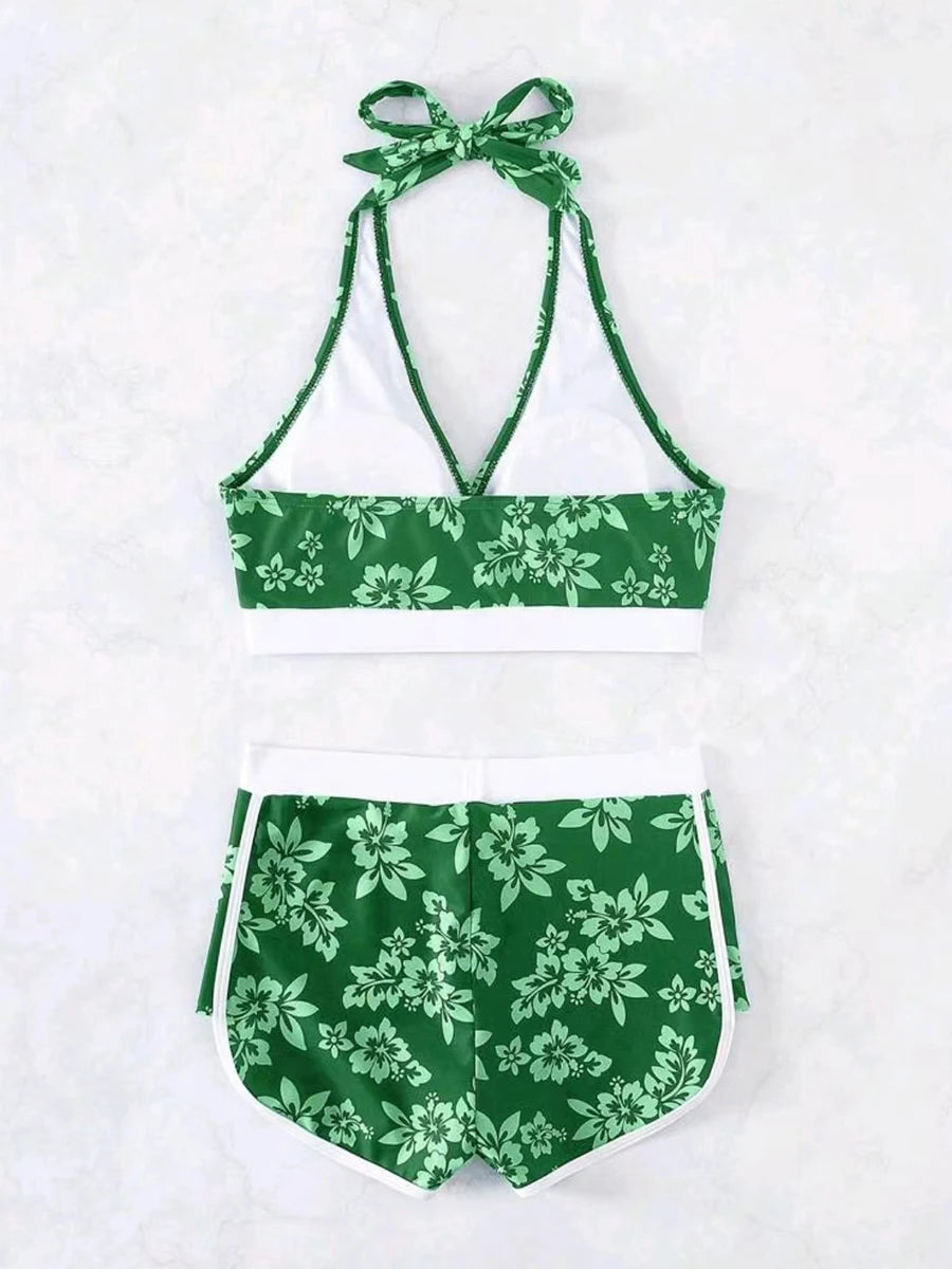 2025 Halter Sporty Bikinis Printed Swimsuit Women High Waist Shorts Swimwear Female Bathers Bathing Swimming Swim Suit Beachwear RT220