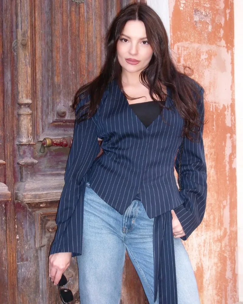 Trendix Elegant Blazer 2 Piece Sets Women V Neck Patchwork Scarf Lace Up Jackets Femme Bodycon Skirt And Commuting Blazers Suits RT220