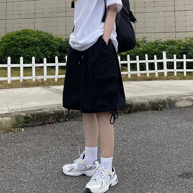 Rimocy Summer Knee Length Cargo Shorts Women 2025 Bf Harajuku Wide Leg Shorts Woman Streetwear Pockets Baggy Short Pants Female RT220