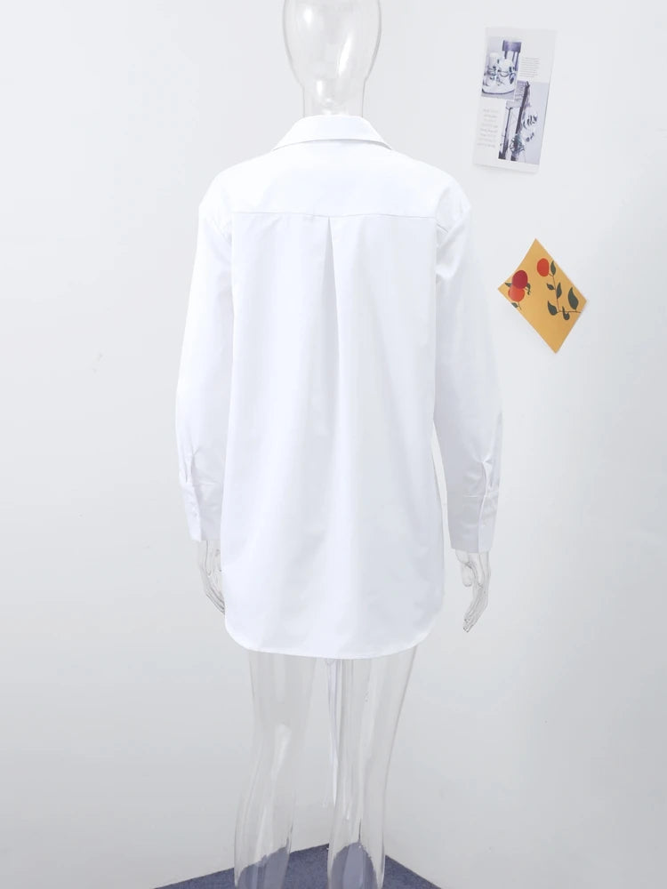 Fashion White Lapel Oversize Long Sleeve Shirts 2025 Spring New Weave Drawstring Blouse Lady Holiday Beach Street Chic Loose Top RT220