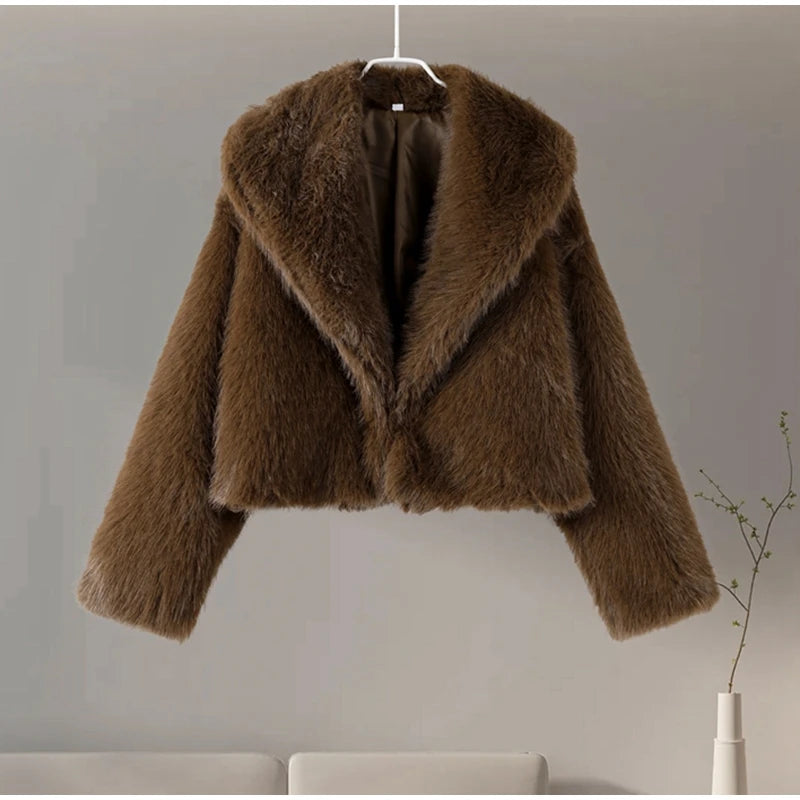 Luxury Lapel Faux Fur Short Coat For Women Casual Fluffy Full Sleeve Warm Female Jacket Autumn Winter Lady Commuter Outerwears﻿ RT220