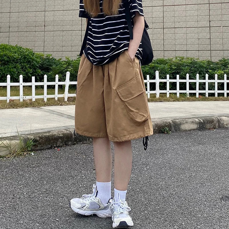 Rimocy Summer Knee Length Cargo Shorts Women 2025 Bf Harajuku Wide Leg Shorts Woman Streetwear Pockets Baggy Short Pants Female RT220