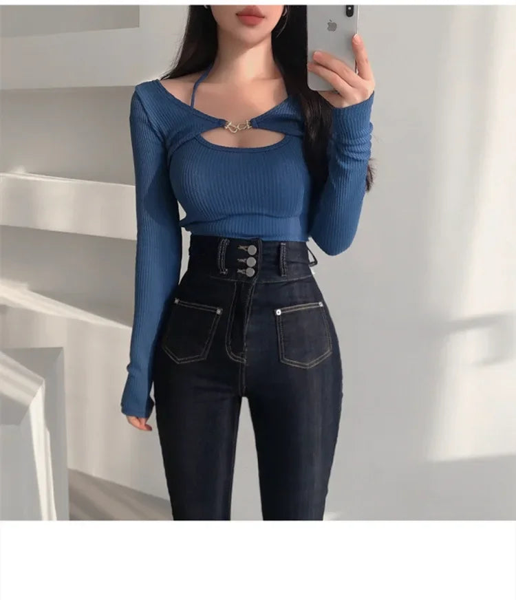 Sexy Tank Top Cropped Inner Strapless Long Sleeve Cover Up Outer Wear 2-piece Set Women's Summer Fashionable Suit RT220