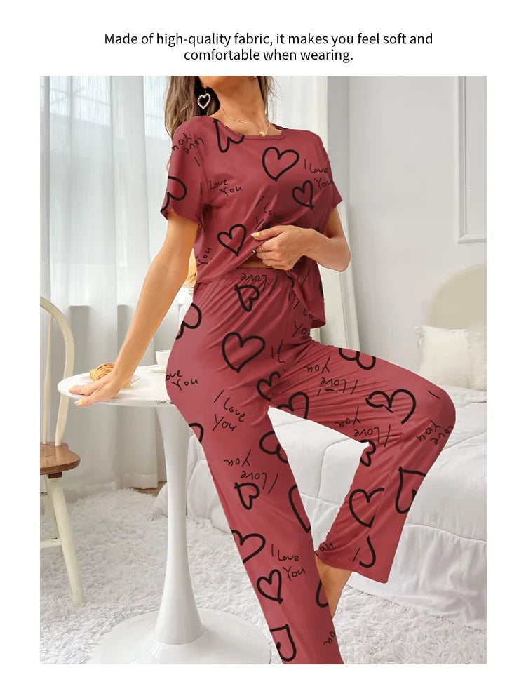 Autumn Fashion Home Pajama Suit Women Sleepwear Pijama Milk Silk Short Sleeve Top with Pants 2 Piece Pajamas for Ladies Lingerie RT220