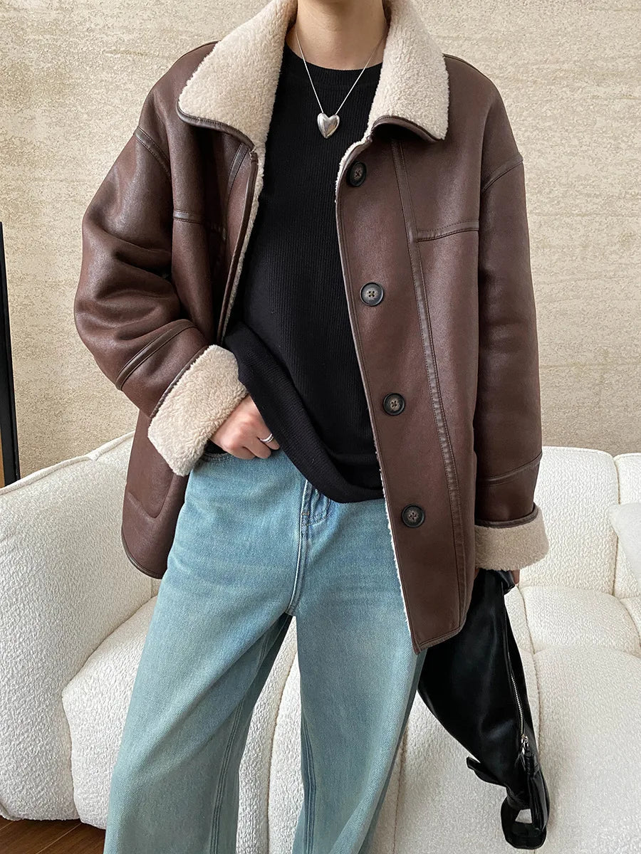 [LANMREM] Faux Fur Thick Warm Coats Lapel Single Breasted Office Lady Elegant Female Outwear Fashion 2025 Winter New 26C1095 RT220