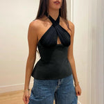 Women Summer Ruched Halter Camis Elegant Backless Tie Up Crop Tops 90s Vintage Coquette Tank Tops Vest Fashion Club Streetwear RT220